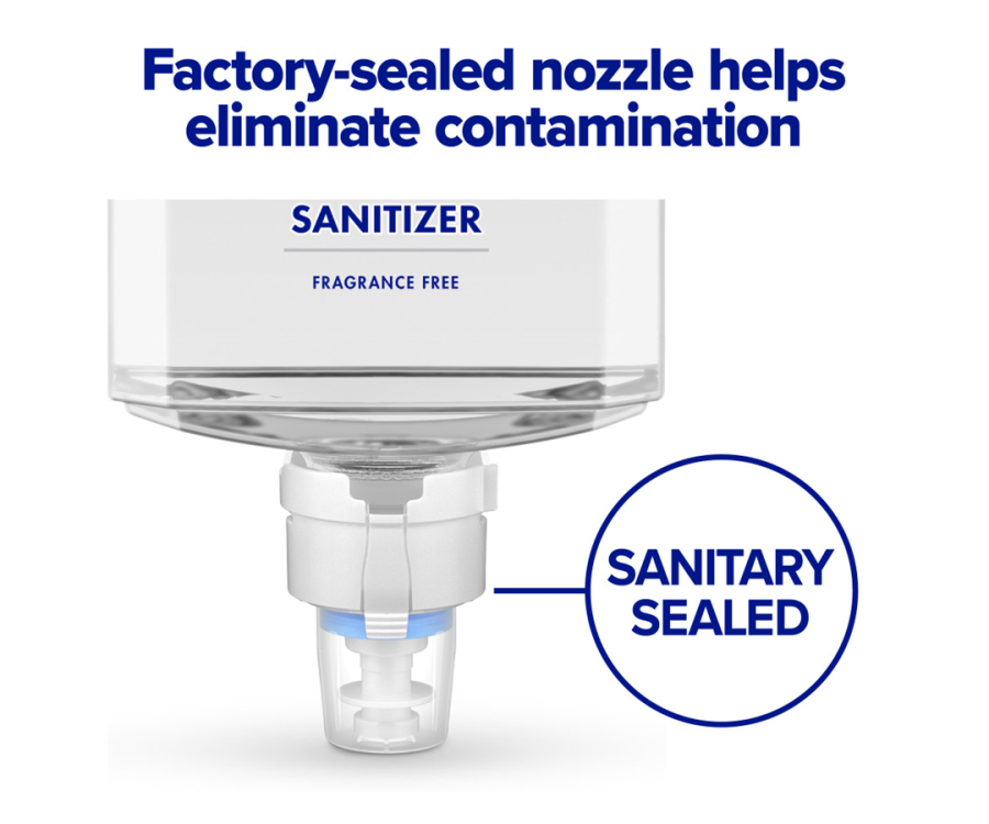 A close-up of a factory-sealed sanitizer nozzle with text highlighting its sanitary sealed design to prevent contamination. PURELL® ES4 Graphite Soap Dispenser (1200 ml., 1 Dispenser/Case)